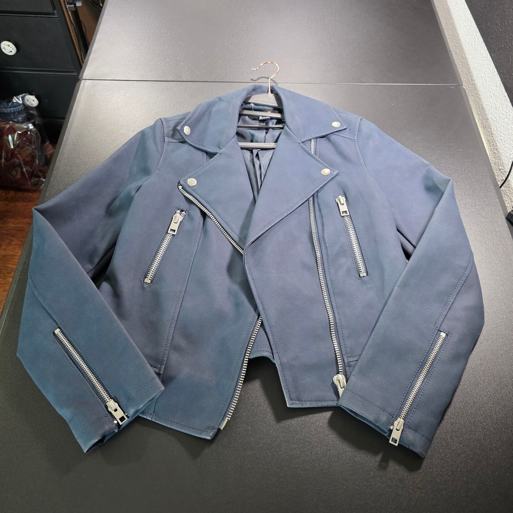 Forever 21 Womens Blue Faux Leather Asymmetric Moto Biker Jacket Small